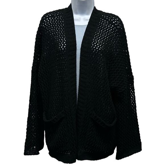 NWT, Women’s Oversized S/M Black Chenille Crochet Front Pocket Cardigan Sweater - Picture 1 of 15
